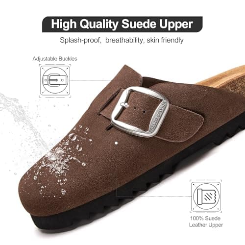 Brelzo Calvior Suede Clogs for Women Leather Mules Slip-on Sandals Men's Potato Shoes with Arch Support Coffee - Thumbnail 3