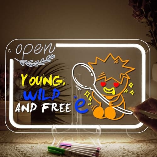 NOSUN OPEN LED Note Board 14.6*9.5” Acrylic Dry Erase Light Up Message Board with Chain and Stand, for Bar Salon Coffee Stores Club Hotel Kids With 7 Color Markers Glow Rewritable Memo Drawing Writing Board - Image 1