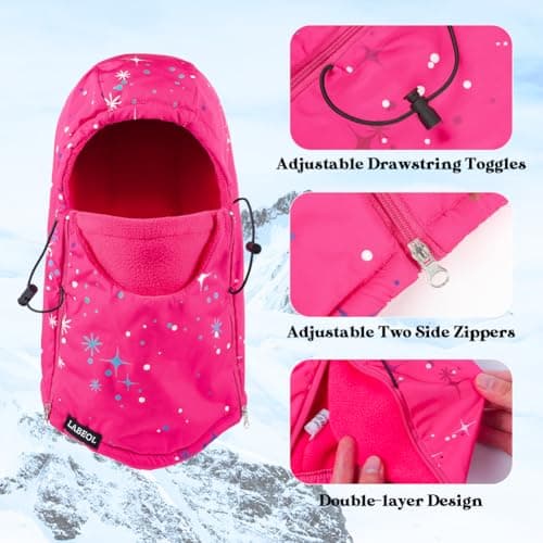 Labeol Kids Balaclava Ski Mask, Point Rose Red Waterproof Winter Waterproof Thick Warm Fleece Face Cover with Adjustable Zippers for Boys Girls - Thumbnail 2