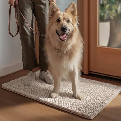 EHEYCIGA Super Absorbent Dog Door Mat for Muddy Paws 24x16 Inch Indoor, Front Doormat Outside Entrance, Quick Dry Chenille Washable Dog Crate Bed, Non-Slip Pet Rug Mud Mat Outdoor Entryway, Beige - Image 1