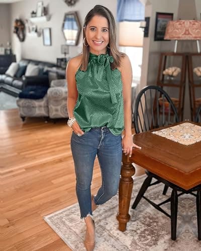 BTFBM Women Sleeveless Tie Mock Neck Spring Summer Tops Loose Casual Side Bow Satin Halter Tank Top Blouses(Dark Green, Large) - Thumbnail 3