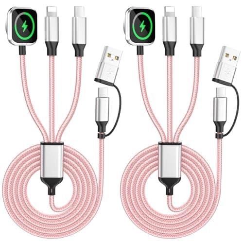 Travel Cruise Essentials,3 in 2 Multi Charging Cable for iWatch Charger/IP/USB C,Pink 2-Pack 5FT Braided USB A/C Cable Designed for Multiple Devices,Car Accessories for iWatch Ultra/SE & iPhone 17-11