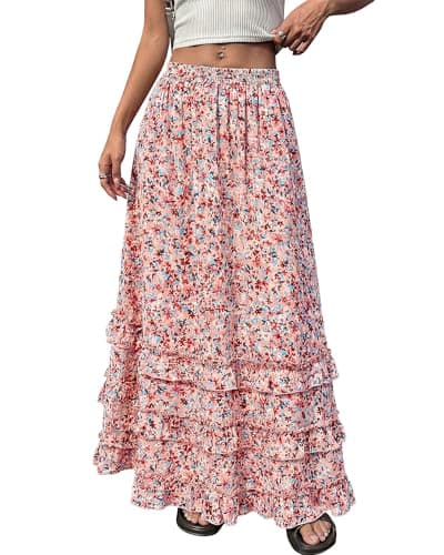 BTFBM Skirts for Women Summer Flowy A-Line Floral Boho Maxi Skirt Long Wedding Guest Dresses Spring Outfits 2026(Floral Pink,X-Large) - Image 1