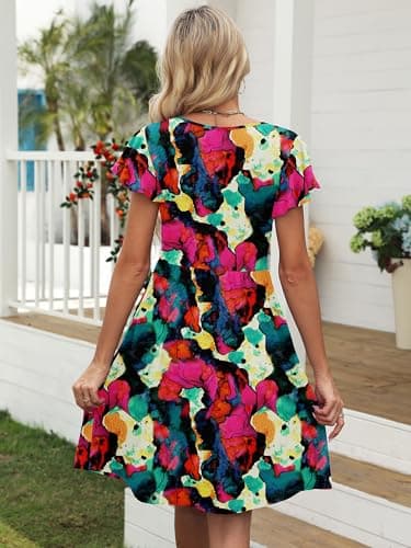 Heymoments Women Summer Dress Ruffle Sleeve Multicolored XX-Large V Neck Casual Cute Loose Sundress Comfy Swing Midi Work Flowy Tunic Ladies Beach Vacation Teacher Dresses with Pockets - Thumbnail 5