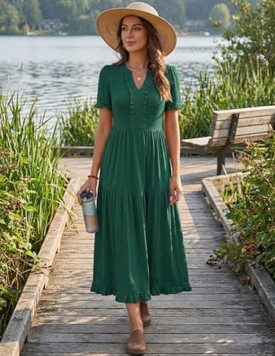 MEROKEETY Women's 2026 Summer Casual Midi Dress Short Sleeve V Neck A Line Flowy Tiered Vacation Beach Dresses, DarkGreen, Medium - Thumbnail 3