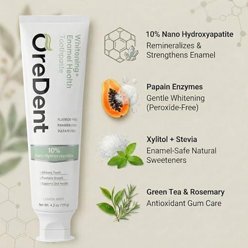 OreDent Fluoride Free 10% Nano Hydroxyapatite Whitening + Enamel Health Toothpaste, Remineralizing, Sensitivity Relief, Fresh Breath, SLS Free, Natural Lemon Mint Flavor, 4.2 oz - Thumbnail 3