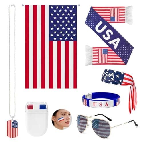 USA 7-Piece Fan Kit | Patriotic 4th of July & Game Day Bundle | Scarf, Headband, Wristbands, Face Paint, Necklace, Sunglasses | Red White Blue Fan Gear for Men, Women - Image 1
