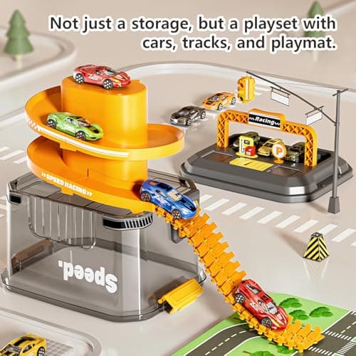 Toy Car Track Storage Playset - Toddler Toys for Ages 2-4, Car Track Set Including 12 Diecast Cars, PlayMat, Race Tracks, Car Ramp, Kids Birthday Gift for 2 3 4 5 Year Old Boys - Thumbnail 2