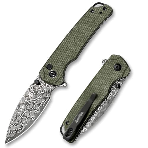 ZestMax Folding Pocket Knife, 2.99" Damascus Blade Micarta Handle Sharp Cool Small EDC Pocket Knives with Clip for Men Women Camping Hiking Survival Outdoor Mini 3080MG (Green) - Image 1
