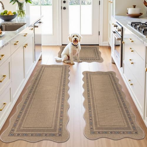 U'Artlines Non-Slip Scalloped Kitchen Rugs Set 3 PCS, 20"x32"+ 20"x48"+20"x59" Washable Low Profile Easy Jute Kitchen Floor Mats Runner Set for Sink Hallway Entryway Laundry Decor(Colorful) - Thumbnail 5