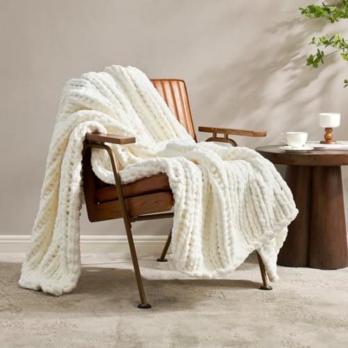 Amélie Home Chunky Knit Throw Blanket for Couch, Soft Chenille Crochet Blanket for Sofa, 50"x60", Ivory - Image 1