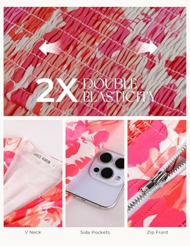 GRACE KARIN Womens Summer Maxi Floral Dress Casual 2026 Long Zipper Dresses Boho Flowy Beach Vacation Sundress with Pockets Red Floral S - Thumbnail 5