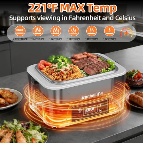 ikuchelife Heated Lunch Box, 24000mAh Cordless Electric Lunch Box with Scheduled Heating, 1.2L Rechargeable Portable Food Warmer with Digital Display for Work, Travel, Office, Camping - Thumbnail 4