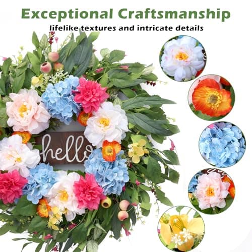 AMORISE 24" Peonies Wreaths for Front Door with Blue Hydrangea, Peonies, Dahlia, Phalaenopsis, Spring&Summer Outdoor Artificial Flowers for Wedding, Front Door Porch Yard Patio Home Decor - Thumbnail 2