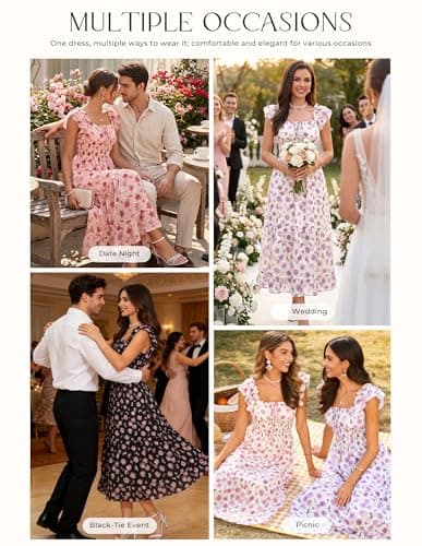 GRACE KARIN 2026 Women's Spring Floral Midi Dress Beach Wedding Guest Dresses Flowy A Line Casual Summer Clothes Pink Rose 2XL - Thumbnail 3