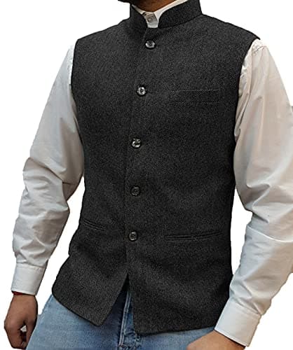 Tuikayoo Mens Herringbone Wool Vests Suit Business Tweed High Collar Waistcoats Slim Fit(M, Black) - Image 1