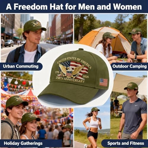 SOIMOE 250 Anniversary USA Hat for Men Women,Eagle Printed Adjustable Baseball Cap,Patriotic 250th Gift for Husband,Veteran(Green) - Thumbnail 6