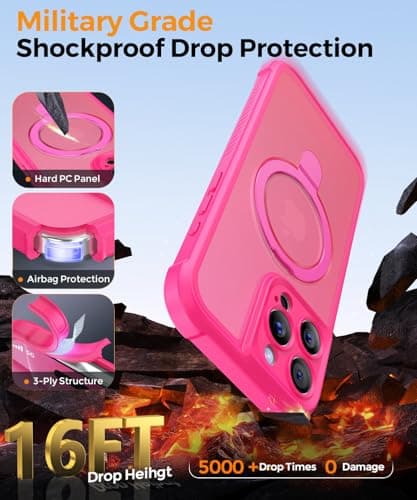 MOCCA Design for iPhone 16 Pro Max Case with Magnetic Invisible Stand [Full Camera Protection] [Compatible with Magsafe] Military Drop Shockproof Translucent Matte Phone Case Cover 6.9",Hot Pink - Thumbnail 5