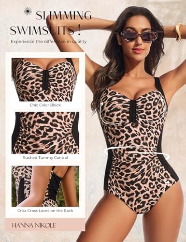 Women's One Piece Swimsuit Color Block Sports Trimshaper Bathing Suit 2026 Hot Spring Leopard Black XX-Large - Thumbnail 3