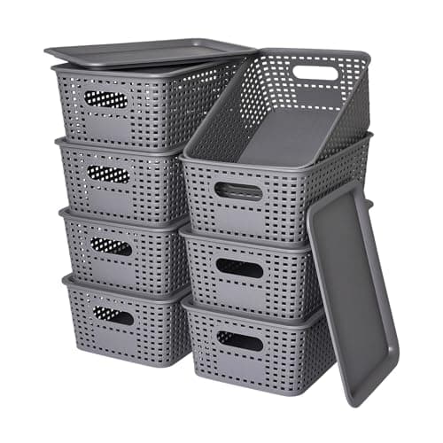 Plastic Storage Baskets with Lid-Plastic Storage Containers Stackable Storage bins: Storage Baskets for Organizing Shelves Drawers Desktop Closet Playroom Classroom Office,8 Pack-Gray10.2x7.2x4.1Inch - Image 1
