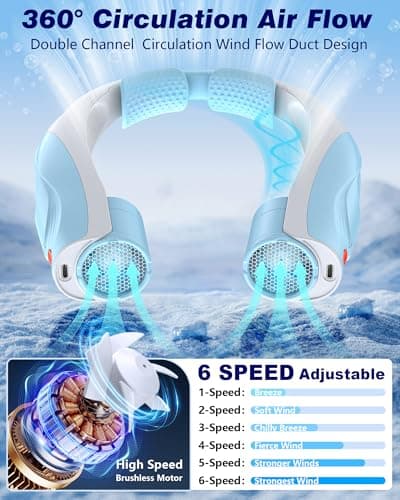 Tenvolti Portable Neck Fan - 6000mAh Rechargeable Personal Fan with 6 Speeds, 360° Cooling Surround Airflow, 20H Long Battery Life Hands-Free Wearable Fan for Outdoor Travel, Office, and Sports - Thumbnail 4