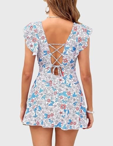 Women's One Piece Swimdress Swimsuit Tummy Control Ruffle Swim Dress Skirt Criss Cross Tie Back Bathing Suit White Small Flower M - Thumbnail 2