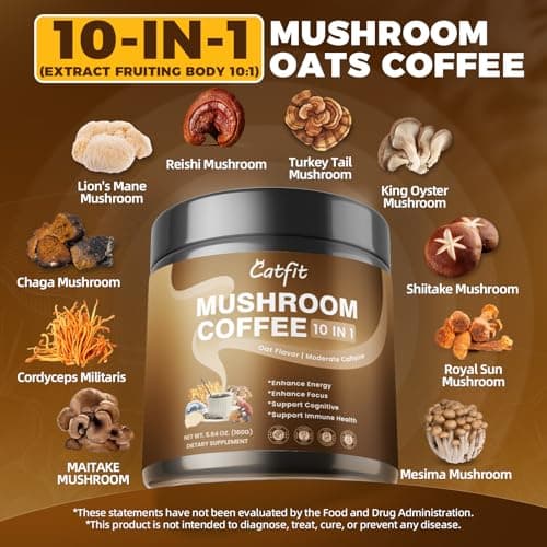 Mushroom Coffee,10 Adaptogenic Mushrooms With Oatmeal Powder MCT Oil, Hydrolyzed Collagen, Instant Coffee with Lion's Mane, Chaga, Cordyceps, L-Theanine for Energy, Focus, Digestion and Immunity, 160G - Thumbnail 2