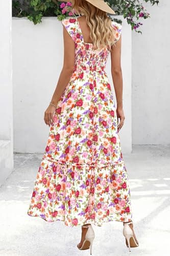 dowerme Womens Summer Maxi Dresses 2026 Casual Ruffle Sleeve Button Smocked Floral Slit Boho Dress Spring Beach Sundress(White Pink Flower,Medium) - Thumbnail 5