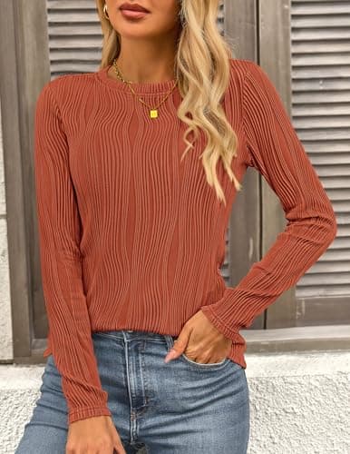 PRETTYGARDEN Long Sleeve Tops for Women Spring Fall Trendy Business Dressy Casual Shirts Crewneck Textured Blouse Clothes (Brick Red,X-Large) - Thumbnail 5