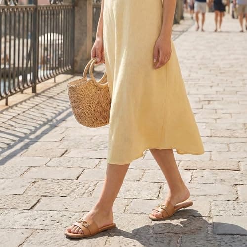 Rihero Slide Sandals Women Comfortable Flat Slides Dressy Summer Square Peep Toe Leather Wide Width Sandals Camel Size 5.5 - Thumbnail 6