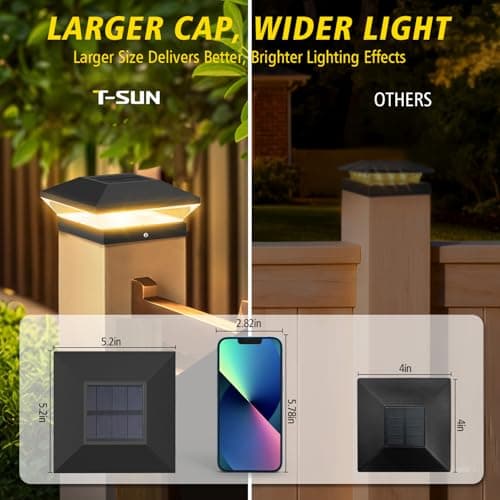 T-SUN Solar Post Cap Lights Outdoor 6 Pack, 2 Modes LED Fence Post Solar Lights Fit for 4x4 5x5 6x6 Vinyl/Wooden Posts, Waterproof Deck Post Lights Solar Powered for Garden Patio Gate Porch - Thumbnail 3