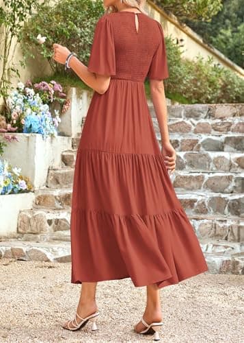 KIRUNDO Womens Dresses Casual Spring Summer Short Sleeve A Line Flowy Smocked Midi Blush Crew Neck Ruffle Tiered Beach Dress(Medium, Brick Red) - Thumbnail 2