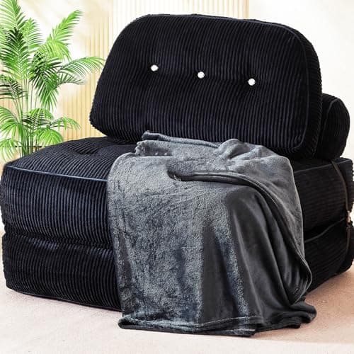 NESLAKO Folding Sofa Bed, Flannel Futon Couch Bed with Pillow and Blanket, Convertible Sleeper Chair for Small Space Apartment Guest Room, Black - Image 1