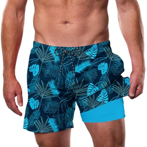 Cozople Mens Swim Trunks 5.5" with Compression Liner Quick Dry Board Shorts Tropics Palm Hybrid 2 in 1 Bathing Suit Lightweight Swimwear with Drawstring M Pool Water Park Daily Leisure Home Walks - Image 1