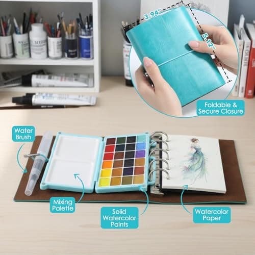 Mini Watercolor Paint Set, Portable Watercolor Sketchbook Set with 24 Colours, Brush & Drawing Paper, Travel Watercolor Kit for Beginners, Artists & Painting Lovers - Thumbnail 3