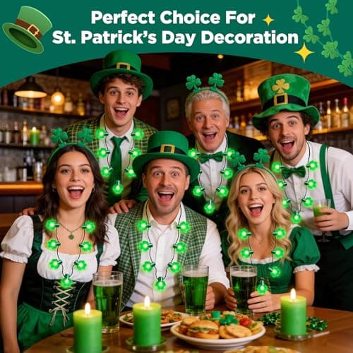 REBANDEN 6PCS St Patrick’s Day Light Up Shamrock Necklace, Glow Clover Necklace Irish Party Accessories and Favors for Adults Teens - Thumbnail 2