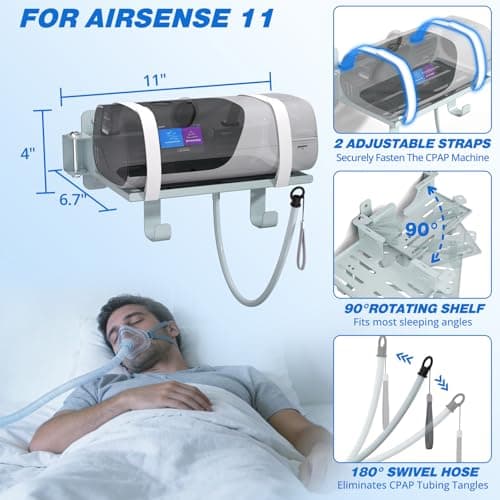 Godboat CPAP Wall Mount Shelf for Resmed Airsense 11 Machine - 180° Swivel CPAP Hose Holder, 90° Rotating Hanger with 2 Hooks for Tube Organizer Mask Stand [Tangle-Free], Bedside Bed Room Decor/Silver - Thumbnail 2