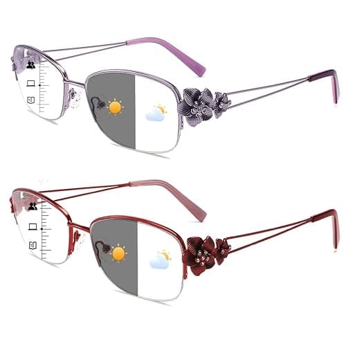 touk Photochromic Progressive Multifocal Reading Glasses for Women, Stylish Half Rim Metal Frame Anti Blue Light Sun Readers 1 Pack Red +3.5 - Image 1