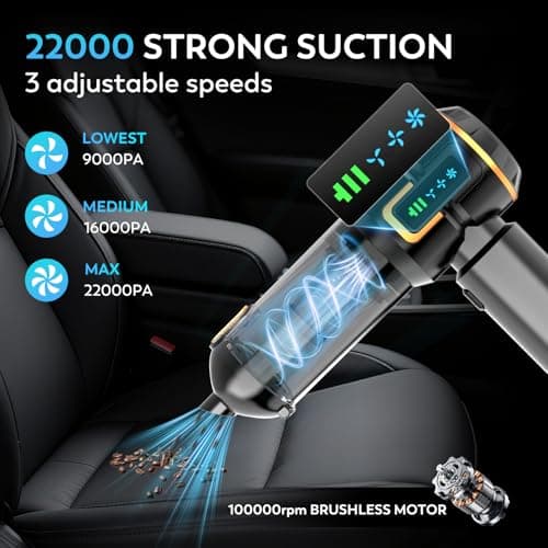 KedeeSparkle Car Vacuum Cleaner, 22000PA High Power Portable Handheld Car Vacuum & Air Duster, Mini Cordless Vacuum with LED Display, for Home, Office, Camping (Black Golden) - Thumbnail 2