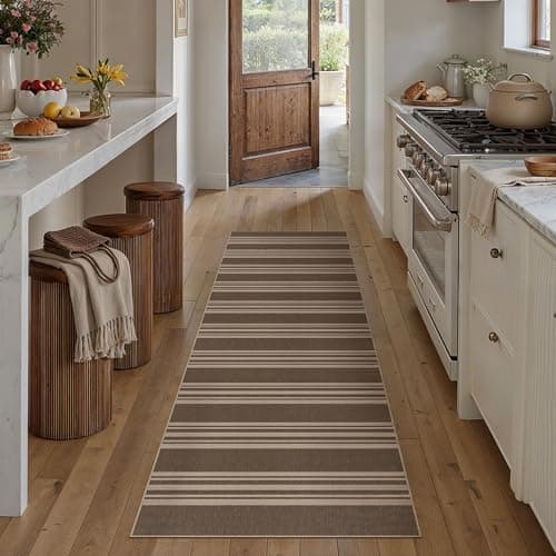 PureCozy Striped Easy Jute 2x8 Kitchen Runner Rug Brown Washable Outdoor Carpet for Hallway Non Slip Farmhouse Neutral Indoor Outdoor 2'6"x8 Long Rug Bathroom Bedroom Laundry Entryway - Image 1
