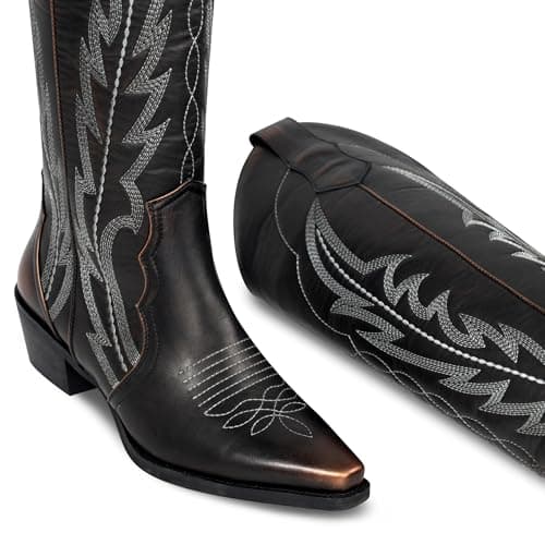 LeunDen Black Cowboy Boots for Women with Embroidery, Knee High Cowgirl Boots with Pointed Toe, Chunky Heel Western Boots Tall Long Boots Size 9 - Thumbnail 5