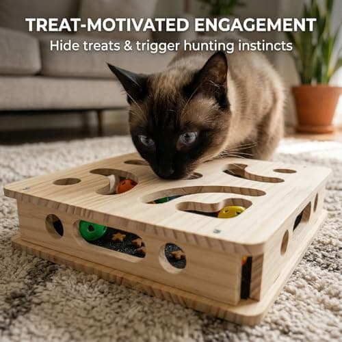EIODEAR Cat Nail File Scratcher with 3 Sandpaper Pads, 4 Bell Balls, 8 Screw, Solid Wood Cat Scratch Puzzle Enrichment Box Nail Filer Box Toy to File Nails, Cat Treat Box for Treat-Motivated Cats - Thumbnail 3