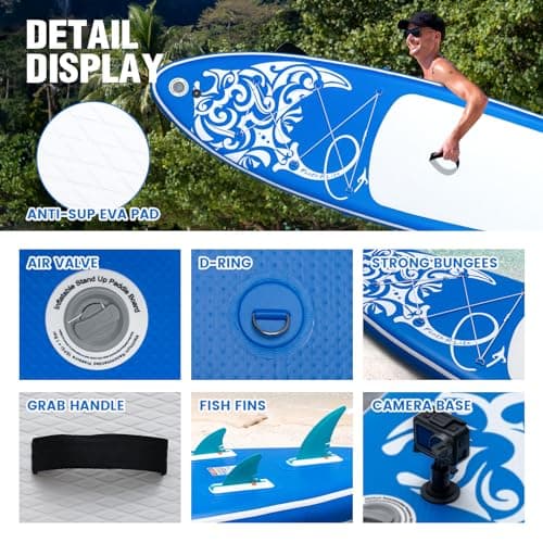 FEATH-R-LITE Inflatable Paddle Board Stand Up Paddleboards for Adults SUP with Premium Accessories Pump, Adjustable Paddle, Leash, Three Fins, Backpack (Dark Blue) - Thumbnail 3