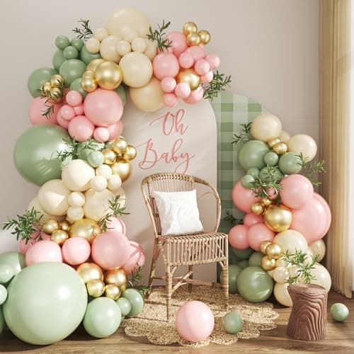 Pink and Green Gold Balloon Arch Kit, 124Pcs Pink and Sage Green Balloon Arch Garland Kit with Gold Sand White Balloons for Baby Shower Bridal Shower Wedding Gender Reveal Birthday Party Decorations