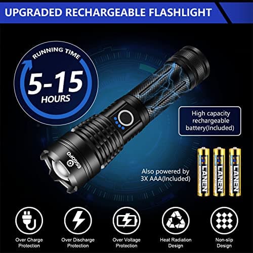 Esgofo Flashlights High Lumens 100000 Rechargeable, Super Bright Handheld LED Flash Light, Powerful Emergency Linternas, Waterproof, Long Lasting, for Hiking Camping Gift - Thumbnail 4