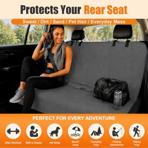 KIGEMOS Rear Bench Seat Cover, Waterproof, Sweatproof, Non-Slip Protector for Back Seat, Dual-Layer Microfiber Terry, Universal Fit for Cars, Trucks, SUVs – Embroidered Design (Gray, 1 Pack) - Thumbnail 2