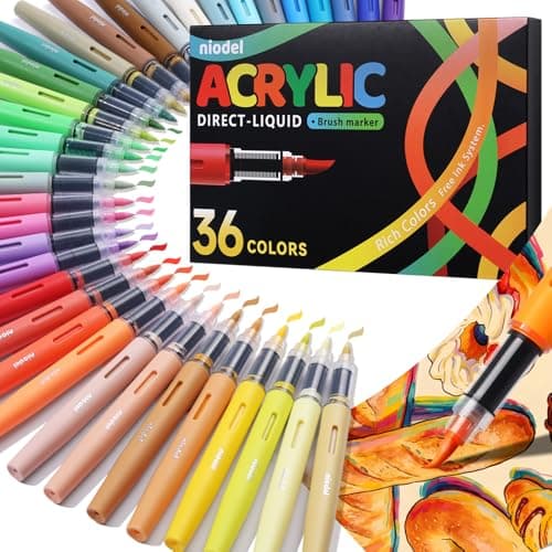 Niodel 36 Colors Direct Liquid Acrylic Paint Markers, Flexible Brush Tip, Instant Flow (No Pressing Required), High Opacity Paint Pens for Rock Painting, Wood, Canvas, Glass, DIY Crafts - Image 1