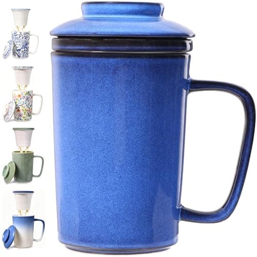 Foinly 16 oz Ceramic Tea Mug with Infuser and Lid,Porcelain Tea Cup with Ceramic Filter for Loose Leaf Tea,Microwave &Dishwasher Safe,Metal-Free,BPA-Free,Perfect for Tea,Coffee (Vintage Blue)