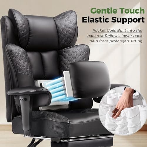 GTPLAYER Big and Tall Office Chair Wide Ergonomic Gaming Chair with Deluxe Embossing Designed Leather with Foot Rest,150°Reclining Adjustable Soft Armrests Pocket Spring Back Support and Pillow - Thumbnail 4