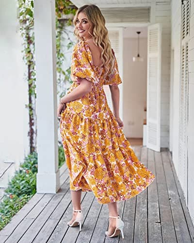 BTFBM Women's Clothing Spring Summer Dresses 2026 Beach Vacation Short Sleeve Smocked Back Boho Casual Floral Maxi Dress(Floral Yellow, Medium) - Thumbnail 4